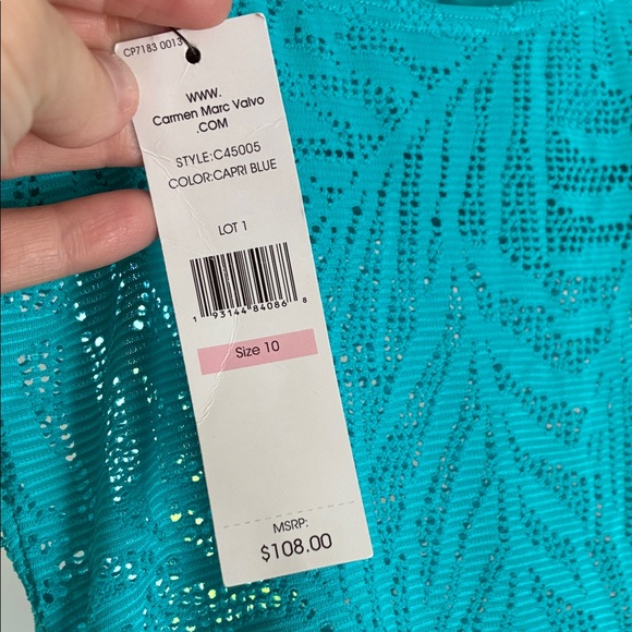 Carmen Marc Valvo NWT turquoise One Piece Swimsuit with Textured Design size 10 - Picture 6 of 6